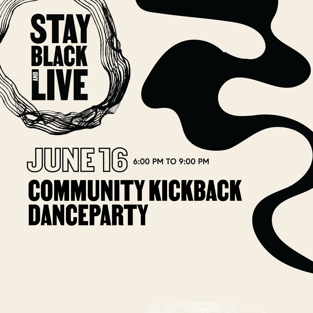 black and white abstract shapes and Juneteenth kickback event into text
