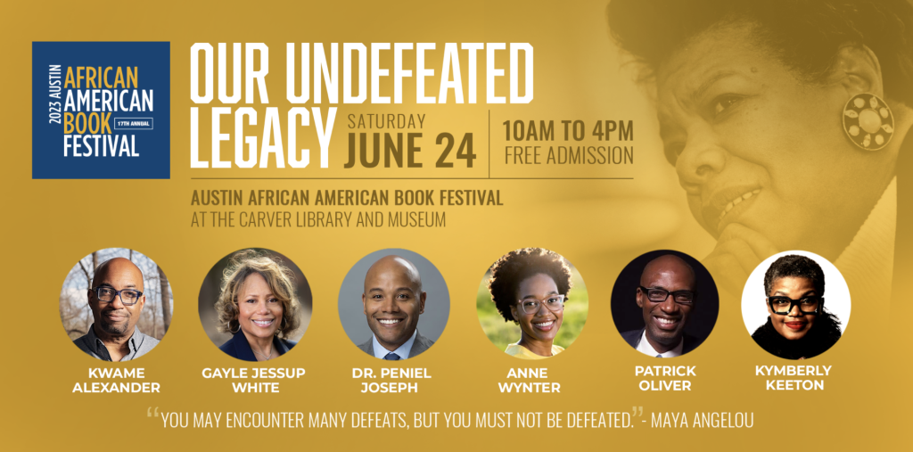 Gold background with author headshots for the African American Book Fair