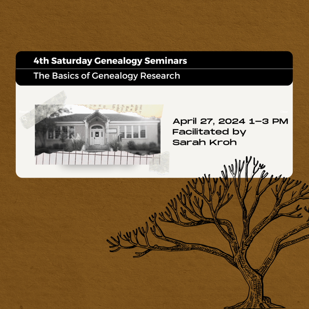 brown graphic with Carver Genealogy Building and ancestry tree