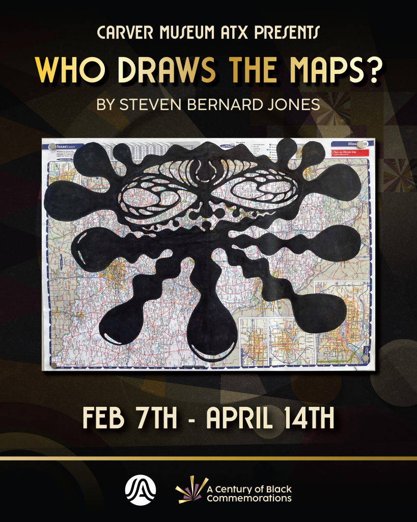 black and gold graphic featuring the artwork of Steven Bernard Jones and text reading Who Draws the Maps?