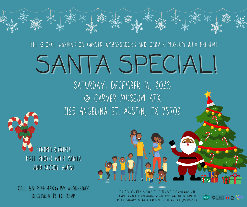 teal graphic with santa and families by tree