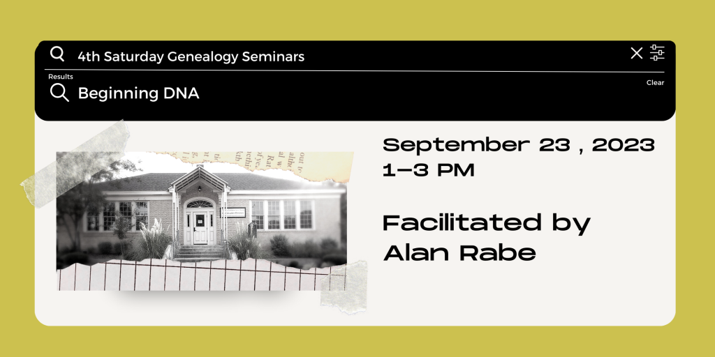 yellow-green background with old photo of genealogy building taped to it