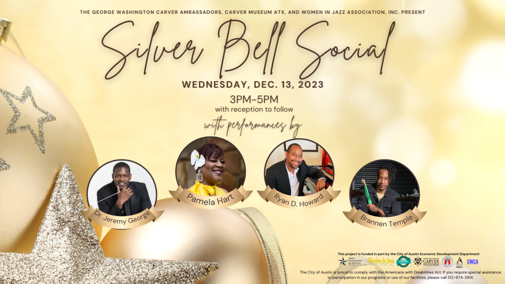 silver and gold poster with musician portraits and event info