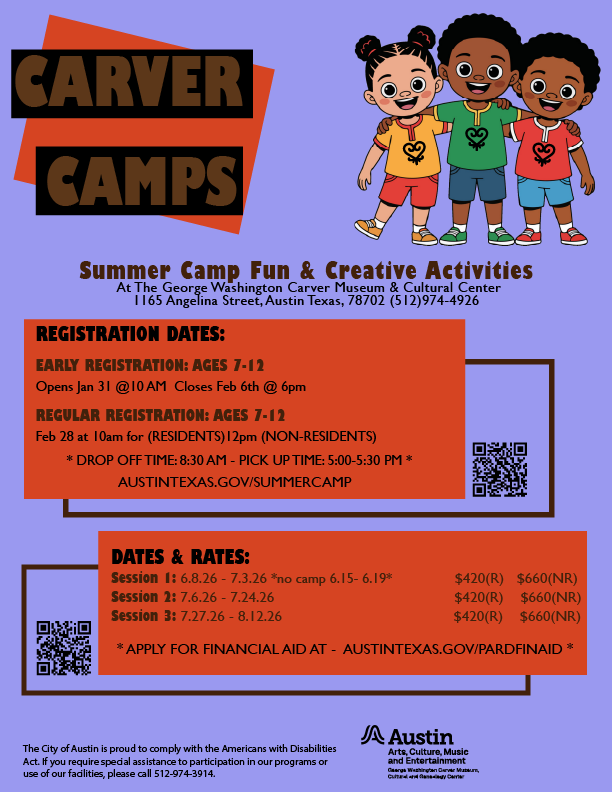 lavender and orange graphic with children smiling arm in arm and text reading Carver Camps