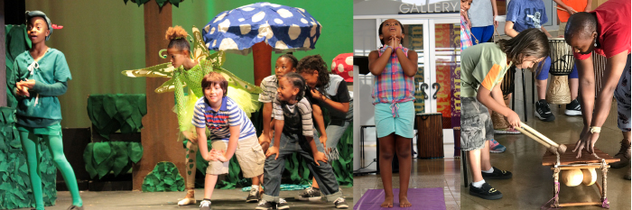 Images of youth in summer camp. Perter pan performance from broadway bound 2017 peter pan and the lost boys scene. photo of young girl of color doing yoga in front of the Carver Museum Gallery. Photo of of Tonya Lyles teaching xylophone to youth arts safari student.