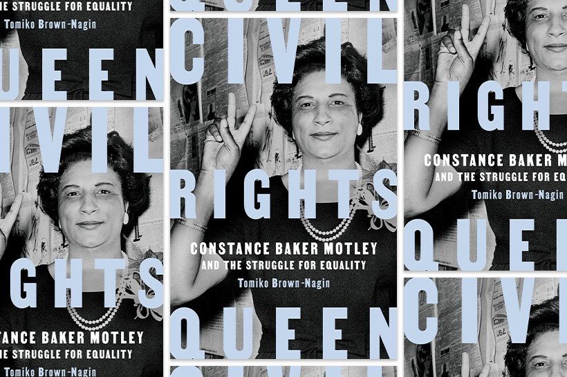 Civil Rights Queen book cover B&W image of Constance Baker Motley giving peace sign
