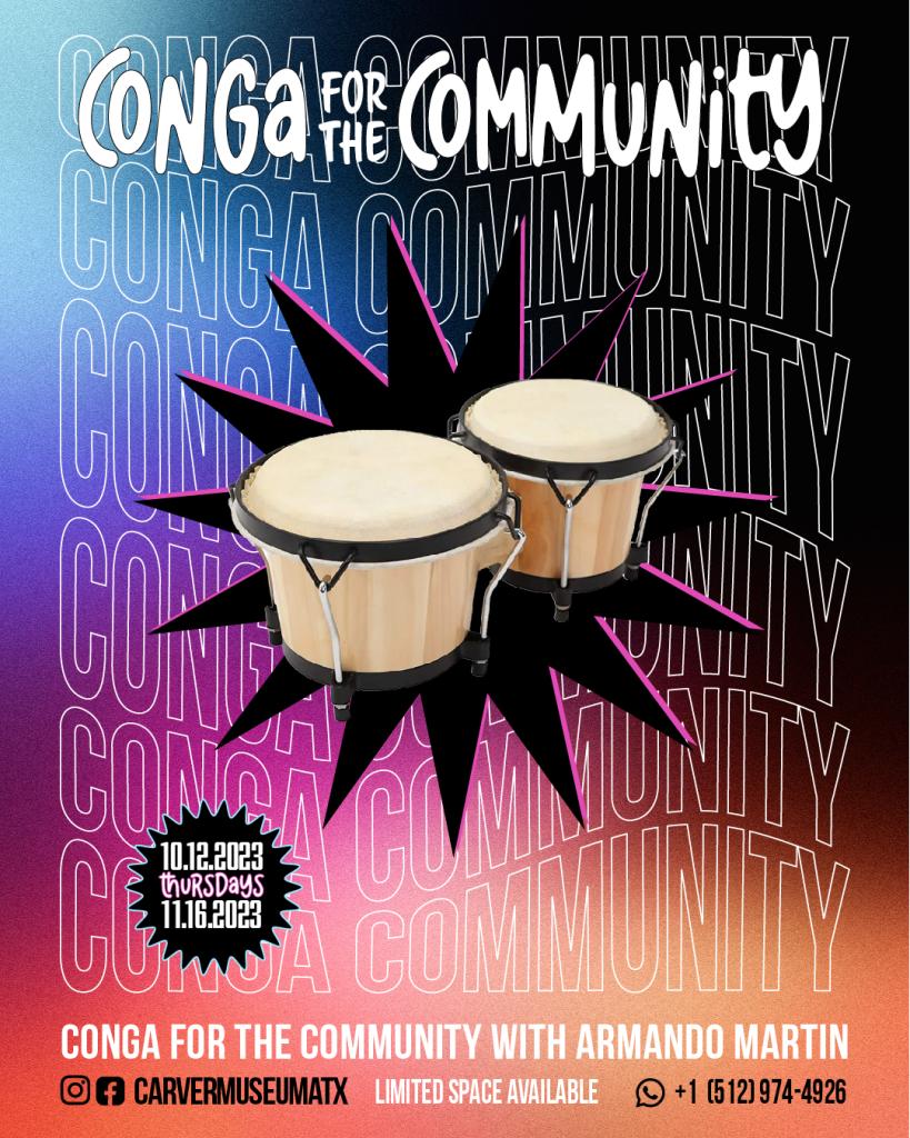 gradient background with black highlight blast and conga drums