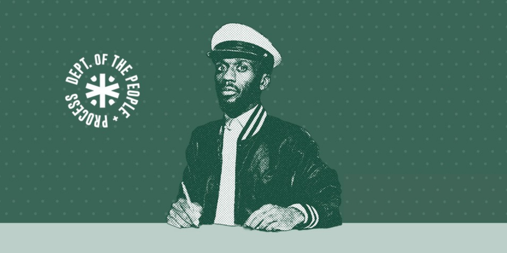 Green Banner with Artist in Sailor Hat