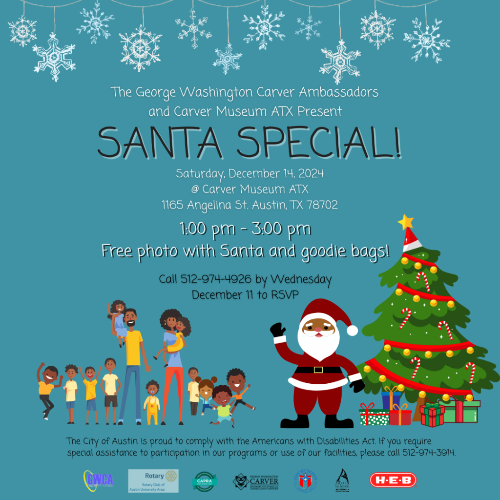 teal graphic with Black Santa, Christmas tree with gifts, and families in line next to Santa
