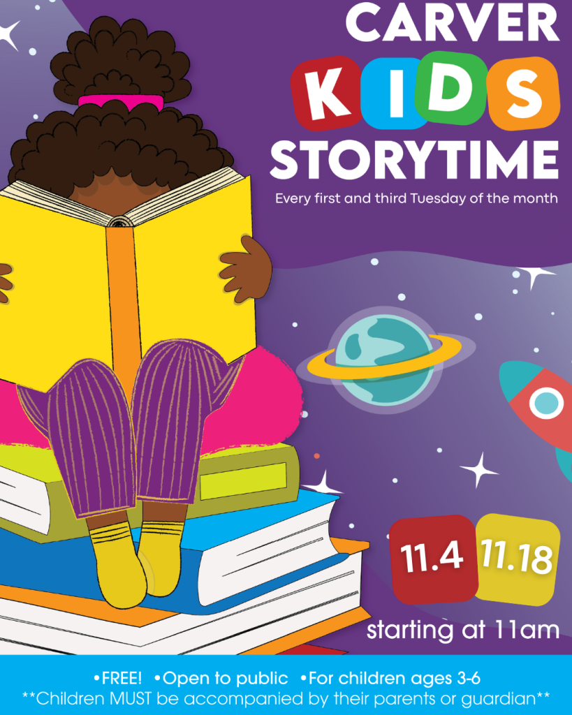 purple graphic of child reading a book sitting atop a stack of books in outer space