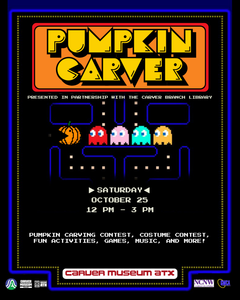 pac man themed halloween graphic with ghosts and a pumpkin as pac man