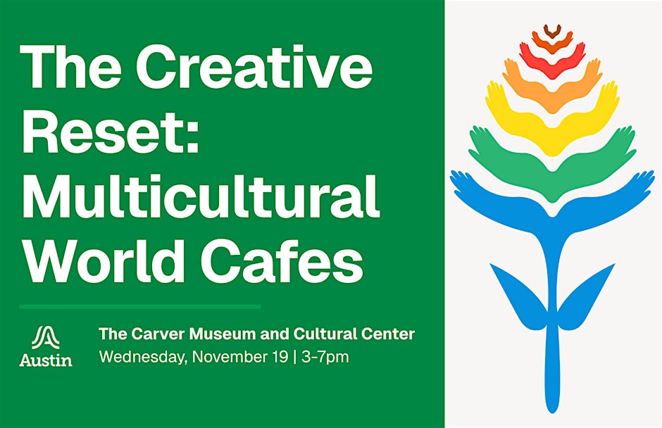 green and white graphic with colorful graphic of hands making a flower