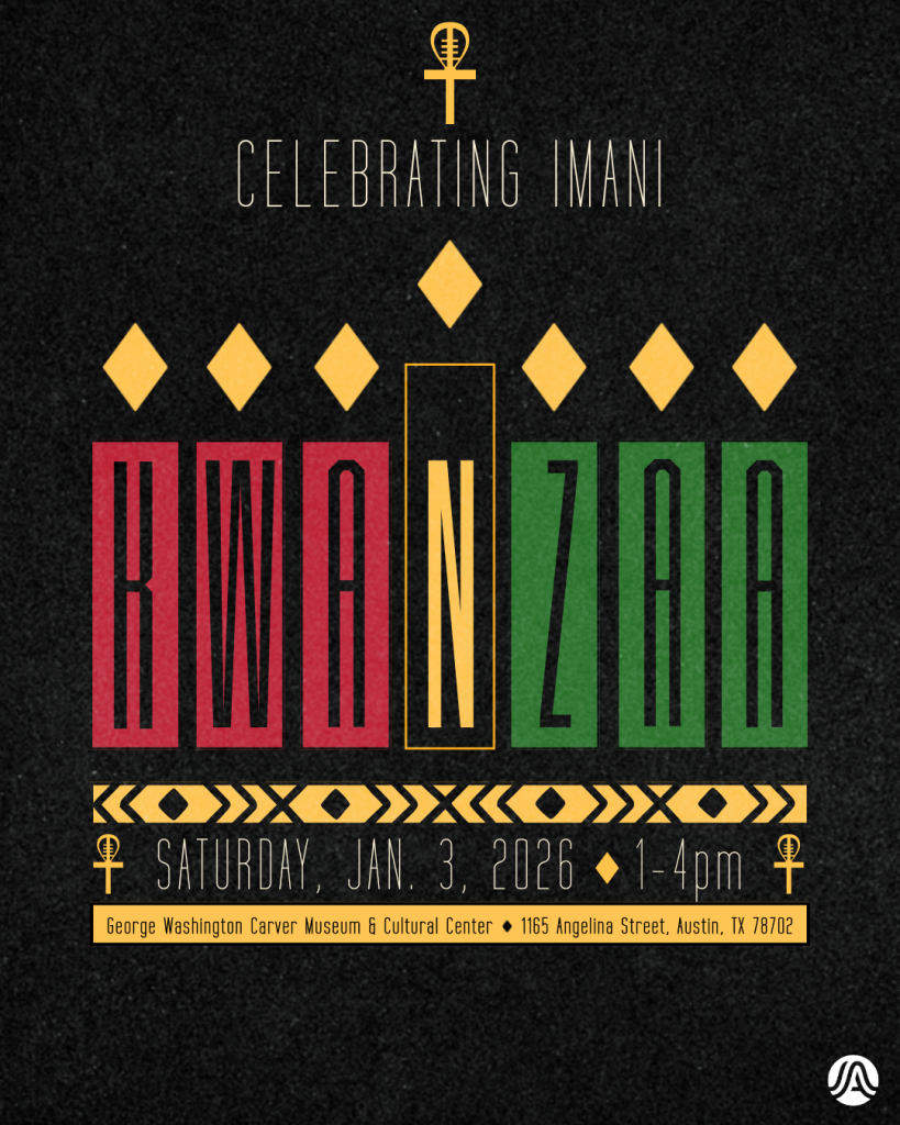 Black graphic with seven candles (three red, three green, one black) placed in a Kinara layout with letters inside each candle spelling Kwanzaa