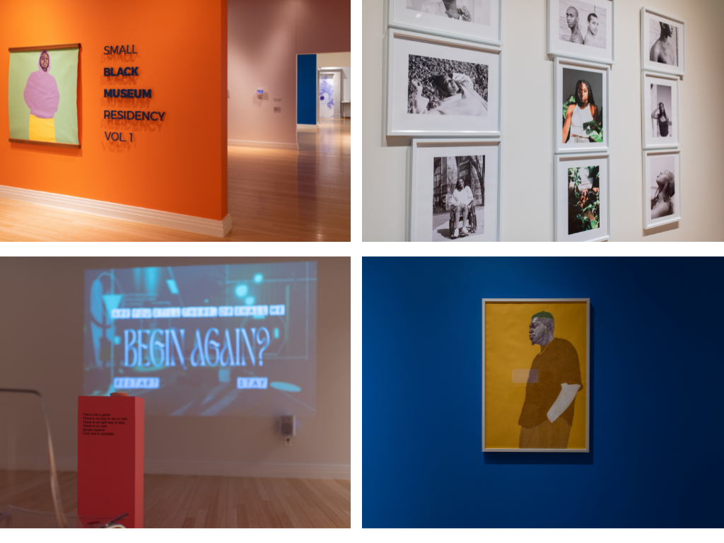 four photographs in a grid, one of a portrait of a man on an orange wall, one angled shot of a group of black and white photographs on a white wall, one of a painting of a man against a yellow background hung on a blue wall, and one of a pink pillar in the foreground in front of a projected screen with text "begin again?" 