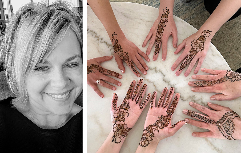 Two images. The left image is a close up portrait of Chrstine smiling and making eye contact with the viewer. The right image is a group of hand with various henna designs on them. 