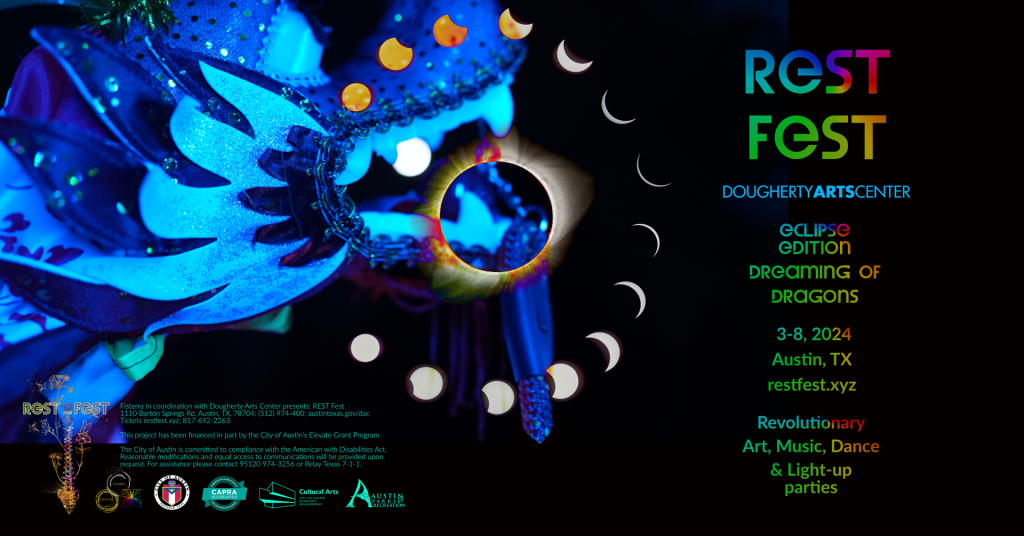 Dragon and eclipse graphic with the text 'Rest Fest Eclipse Edition Dreaming of Dragons Revolutionary Art, Music, Dance & Light-up parties'