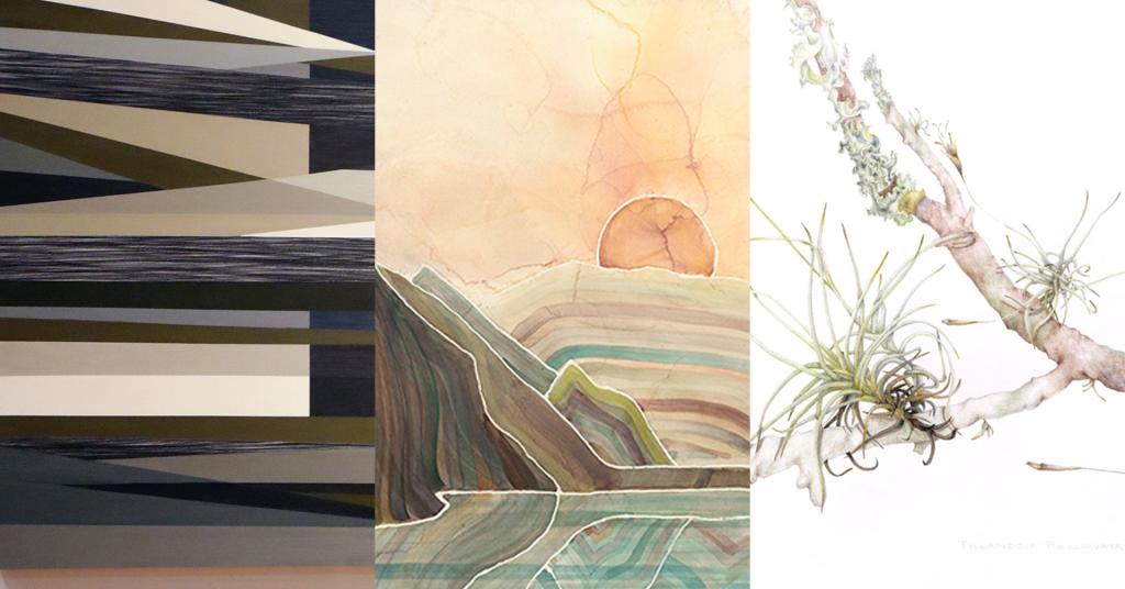 A graphic of three different images of art. The first is an abstract artwork made up of geometric shapes. The second is a piece of art that looks to be depicting a natural landscape. The third artwork is a water color painting of a branch with greenery.