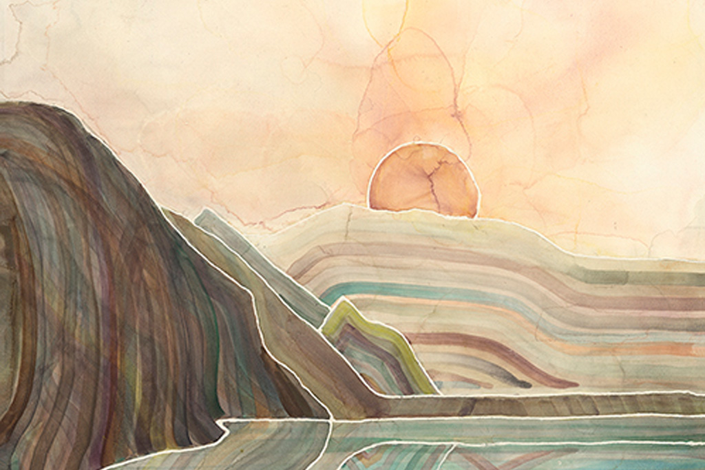 A water color imaged composed of lines and shapes that feels like an organic and natural scene although its also abstract