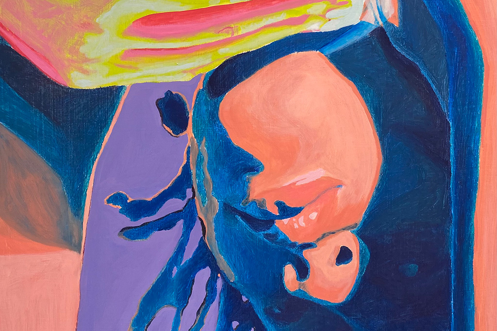 A painting of a person focused in on their face and hand. Their body is abstracted into the background.