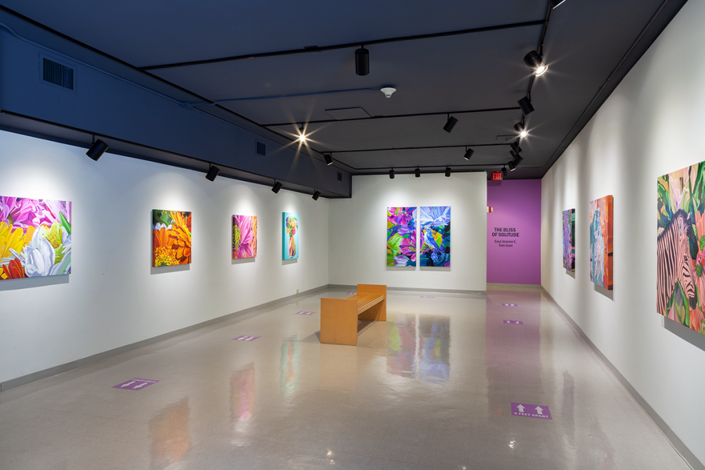 Image of a gallery space with vibrant art on the walls