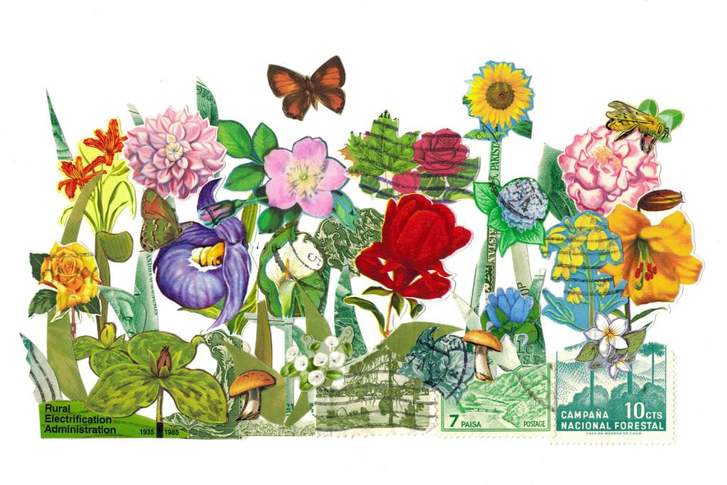 A collage artwork made up of paper flowers, plants and stamps