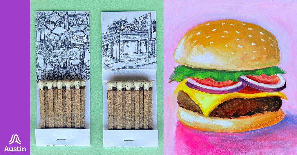 A graphic with two artworks. The first is of two matchbooks, opened and placed next to one another. In the inside cover of the matchbooks are illustrations of former Austin institutions. The second artwork is a painting of a cheeseburger. The graphic has the Austin A logo on the bottom left.