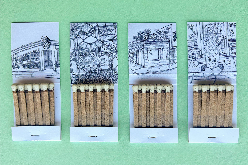 An image of four matchbooks laid out evenly and opened up with drawings of former Austin institutions on the inner cover.