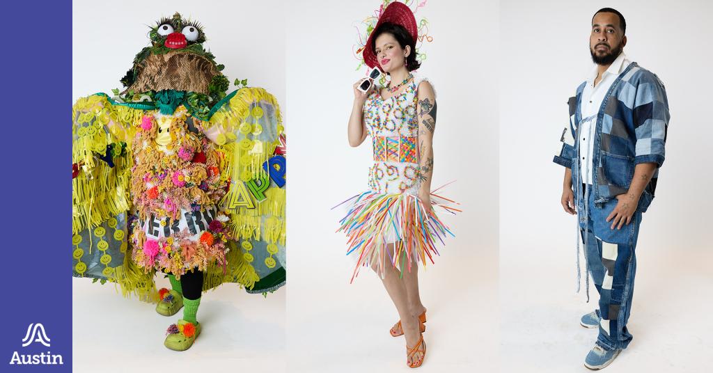 A graphic with images of people dressed fashionably in reused materials and the Austin A logo