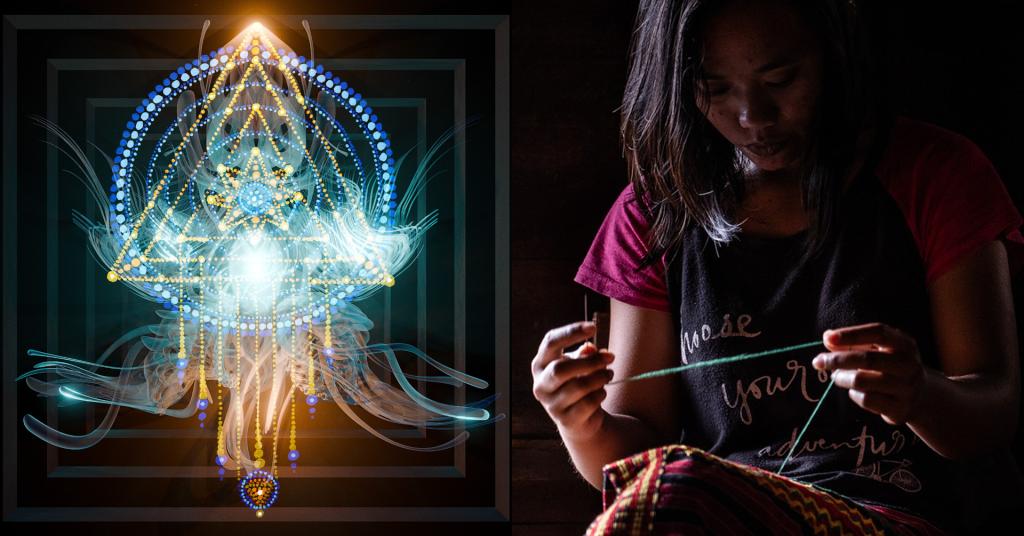 A graphic made up of two images. The first image comprised of abstract and geometric shapes to create something ethereal. The second image is a photograph of a person sewing. 