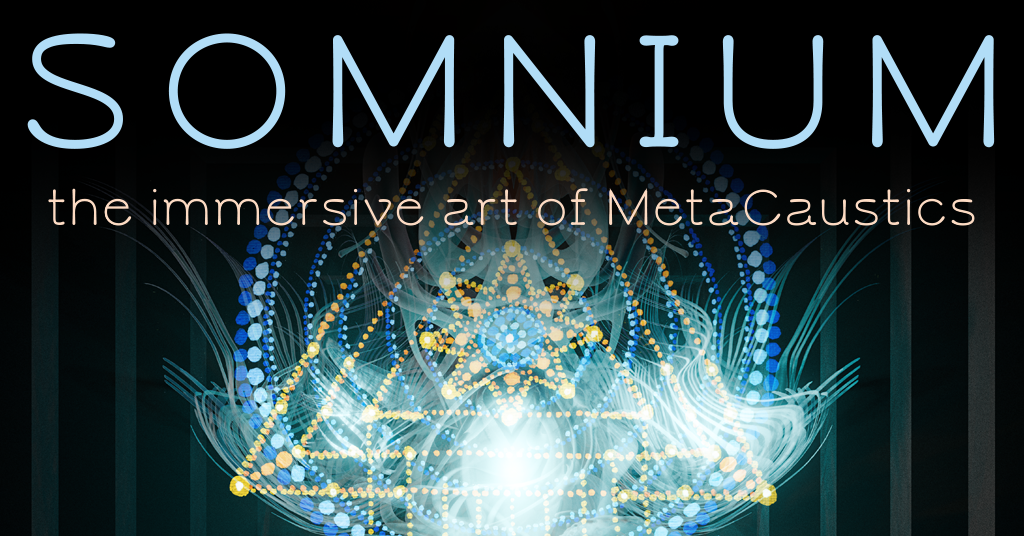 A digital graphic made up of overlapping shapes and lines and the text 'Somnium the immersive art of MetaCaustics'