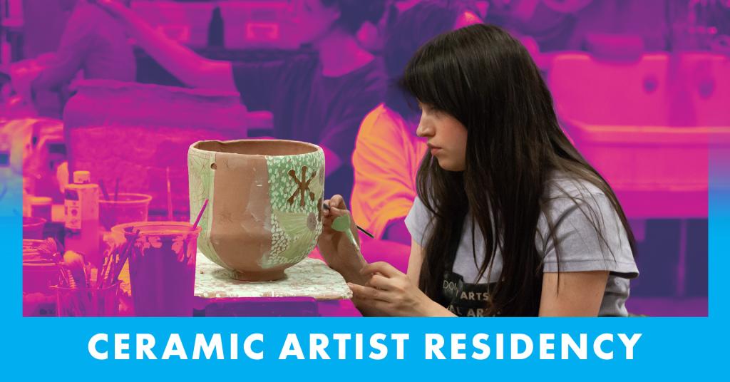 A image of a person painting on a ceramic vessel inside of a ceramic studio and the text 'Ceramic Artist Residency'