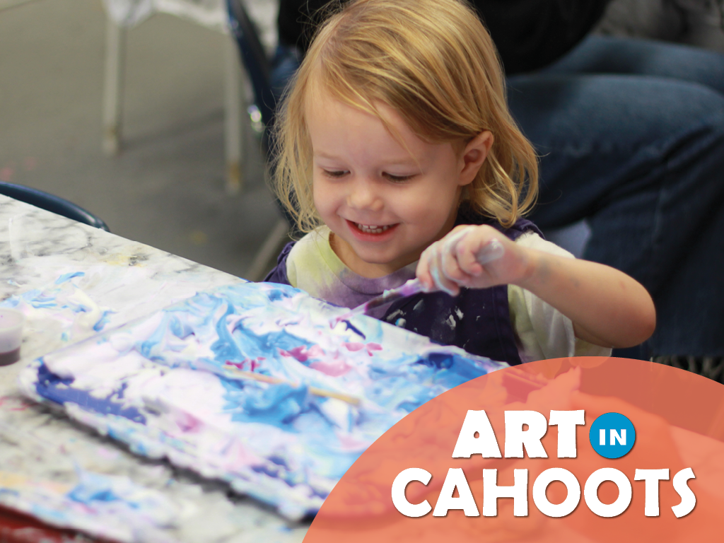 An image of a child making art with shaving cream and food dye and the text 'Art In Cahoots'