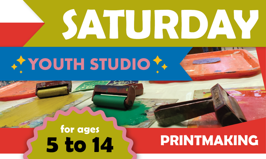 Saturday Youth Studio Printmaking graphic page header, bright color shapes with image of ink covered brayers