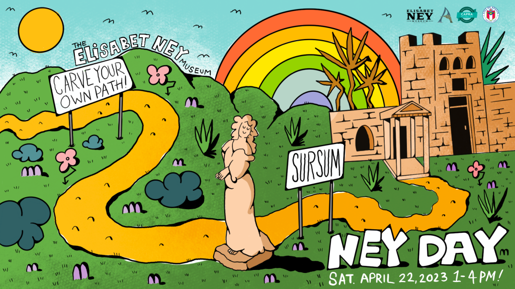 Colorful illustration of the Ney Museum and the Lady Macbeth statue 