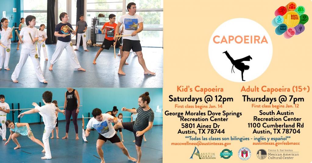 Text reads Adult Capoeira Thursday at 7PM 