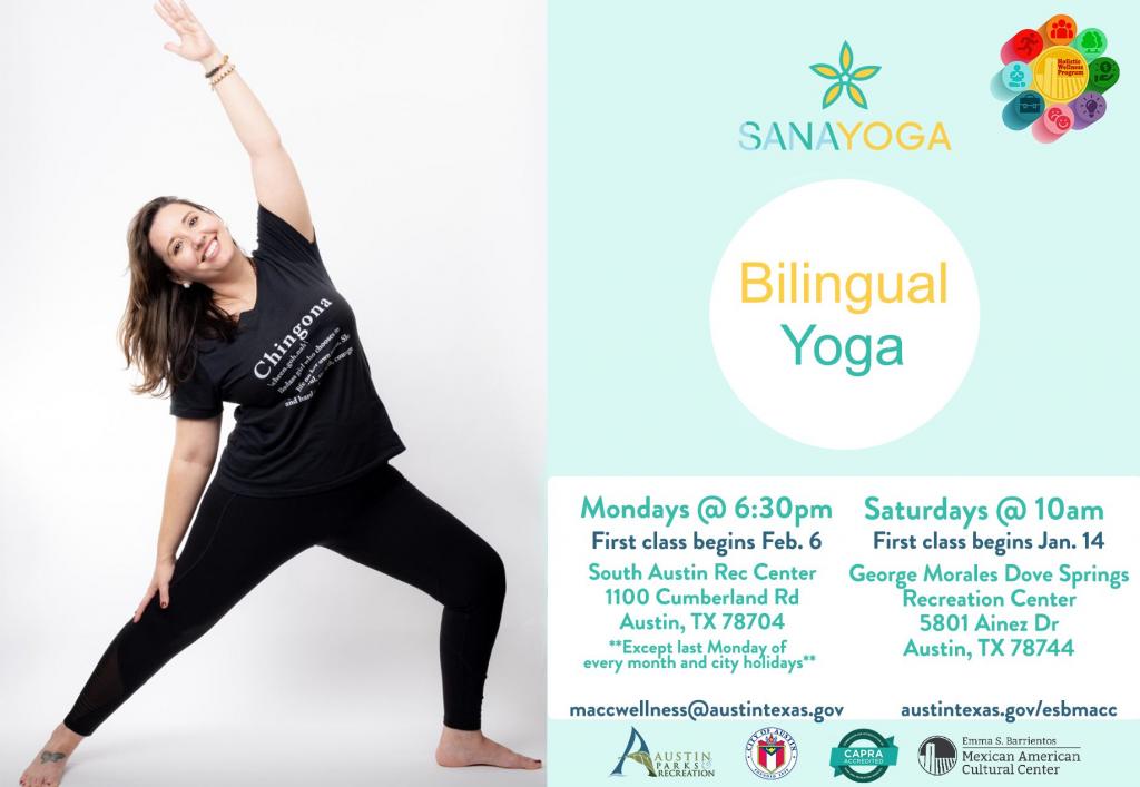 Text reads Sana Yoga Bilingual Yoga Mondays 6:30pm to 7:30pm