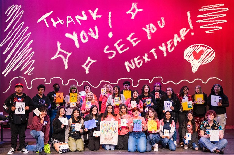 Photo of Caminos' Breaking Barriers event students on stage holding up their artwork with text over the photo reading thank you see you next year 