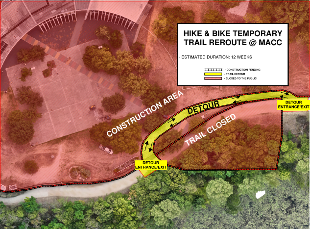 Map showing a trail detour that runs parallel to the existing trail, with access points just north of the path. 