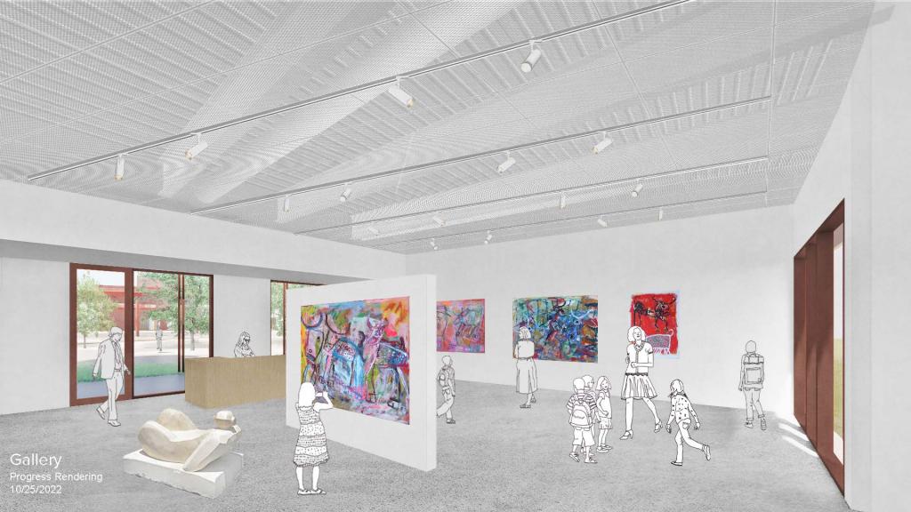 Rendered image of future community art gallery showing art displays and people in the gallery space