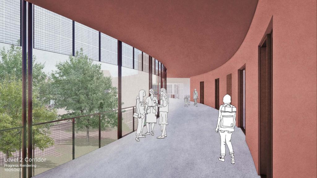 Rendered image of level 2 corridor outside future classrooms with people walking by