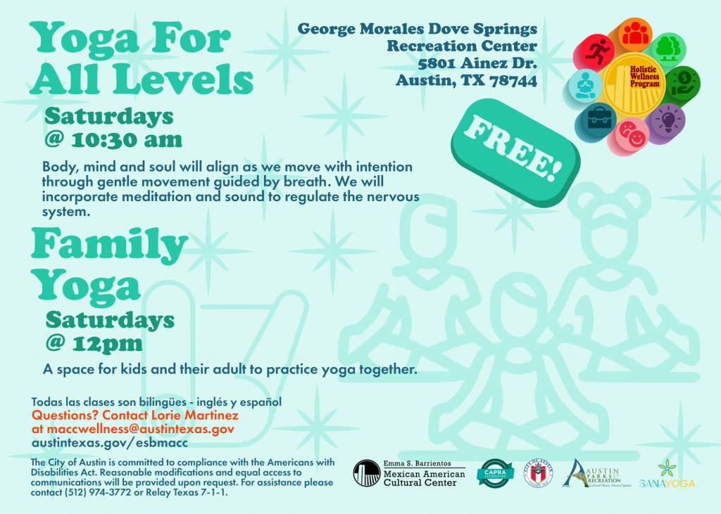 Yoga for all levels at 10:30 pm and family yoga at 12 pm starting Saturday May 6th and the Dove Springs Rec Center 