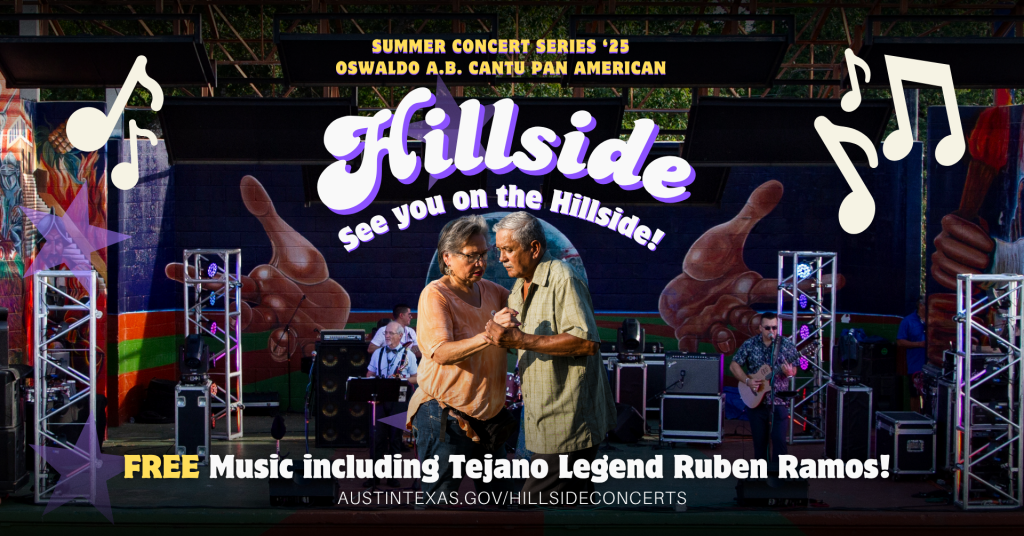 Hillside Free Music Concerts with music notes, Pan Am stage and a couple dancing