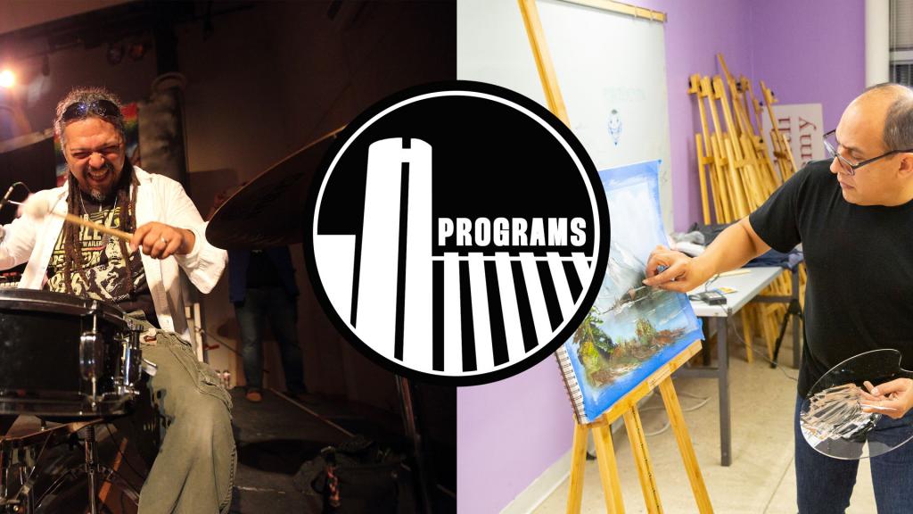 Text reads Programs Image photo of a drummer on the left and a painter on the right