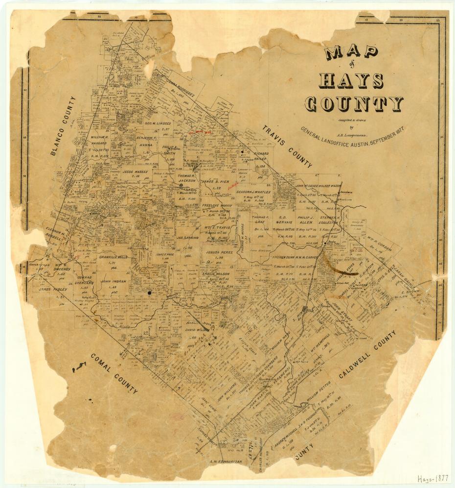 Map of Hays county, source: https://texashistory.unt.edu/ark:/67531/metapth88639/m1/1/