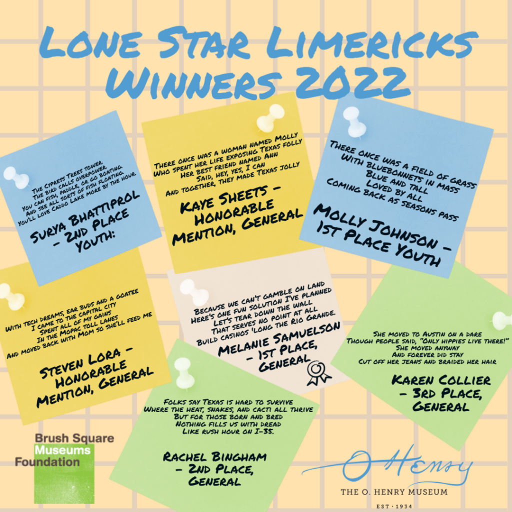 Graphic of winning limericks for 2022 Lonestar Limerick Online Writing Competition. Text is below graphic