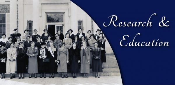 Text: Research and Education. Image: Black and White image of a large group of well-dressed white women in front of a government building
