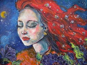 Painting of woman with red hair on blue background with flowers in her hair