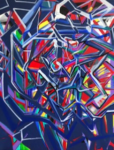 Abstract painting with lines and angular shapes in purple, blue, red