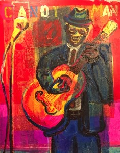 Semi-abstract painting of musician Reverend Gary Davis