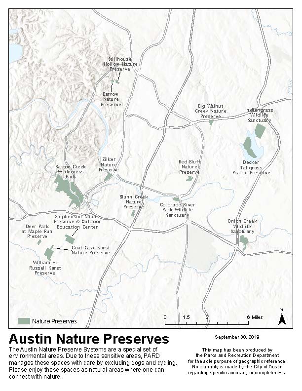 The Austin Nature Preserve Systems are a special set of environmental area.  Due to these sensitive areas, PARD manages these spaces with care by excluding dogs and cycling.  Please enjoy these spaces as natural areas where one can connect with nature.